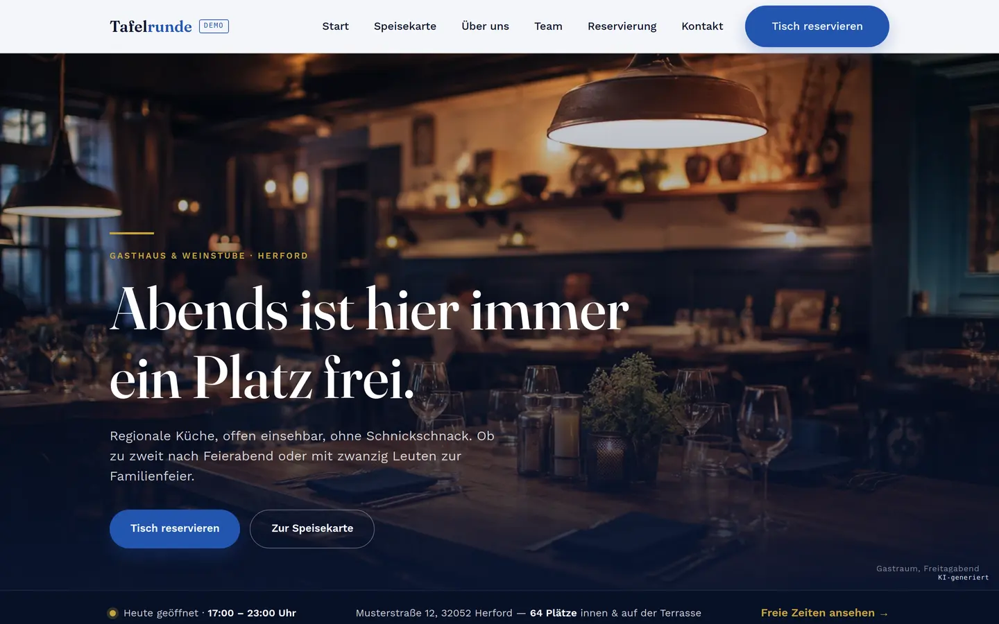Startseite eines Gasthauses mit Plaetzen, Oeffnungszeiten und Reservierung