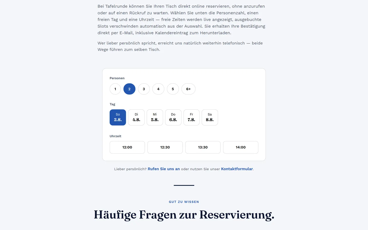 Reservierungsseite mit Buchungssystem